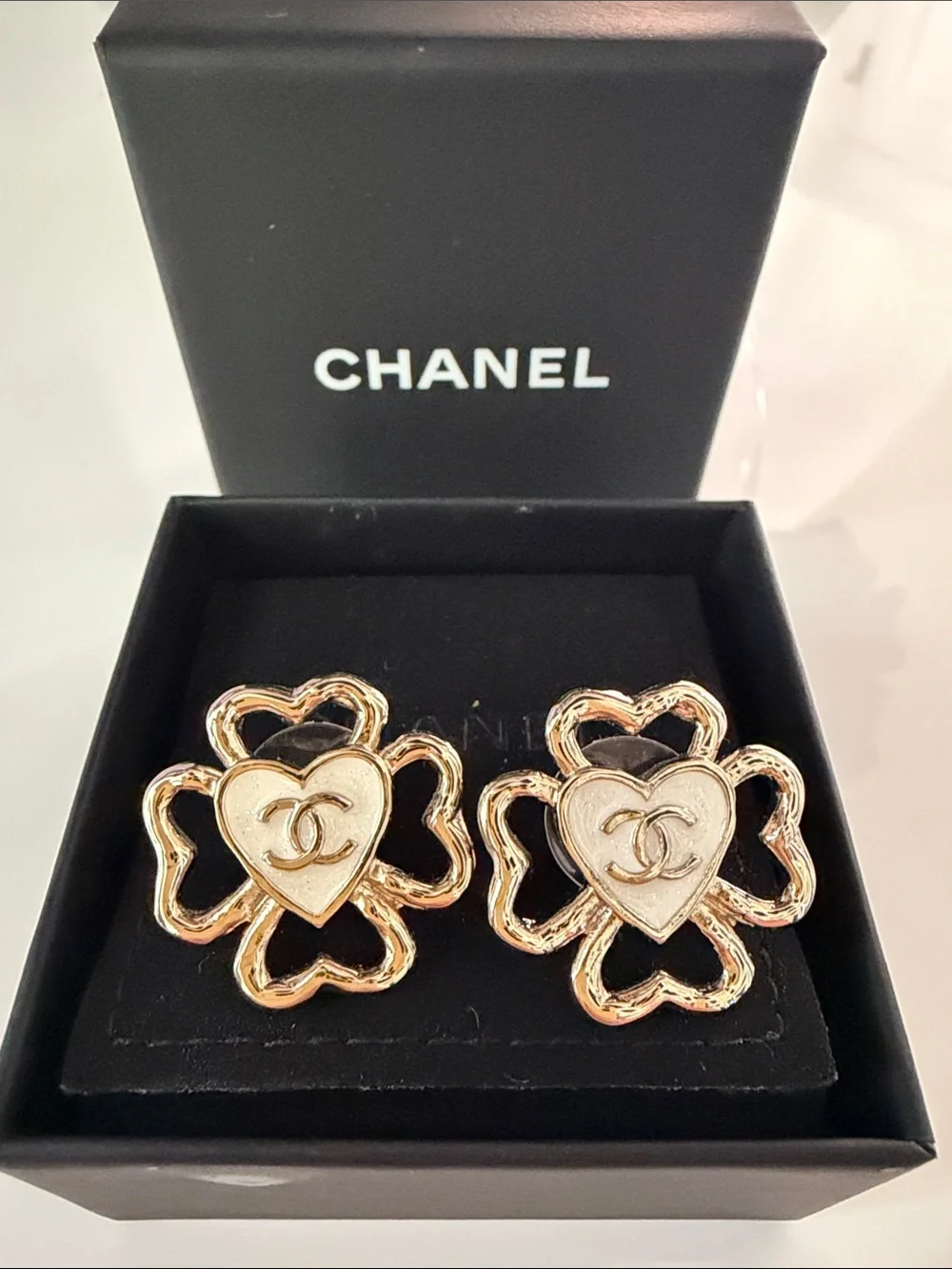 CHANEL Gold and Cream Heart Clover Earrings with CC Logo